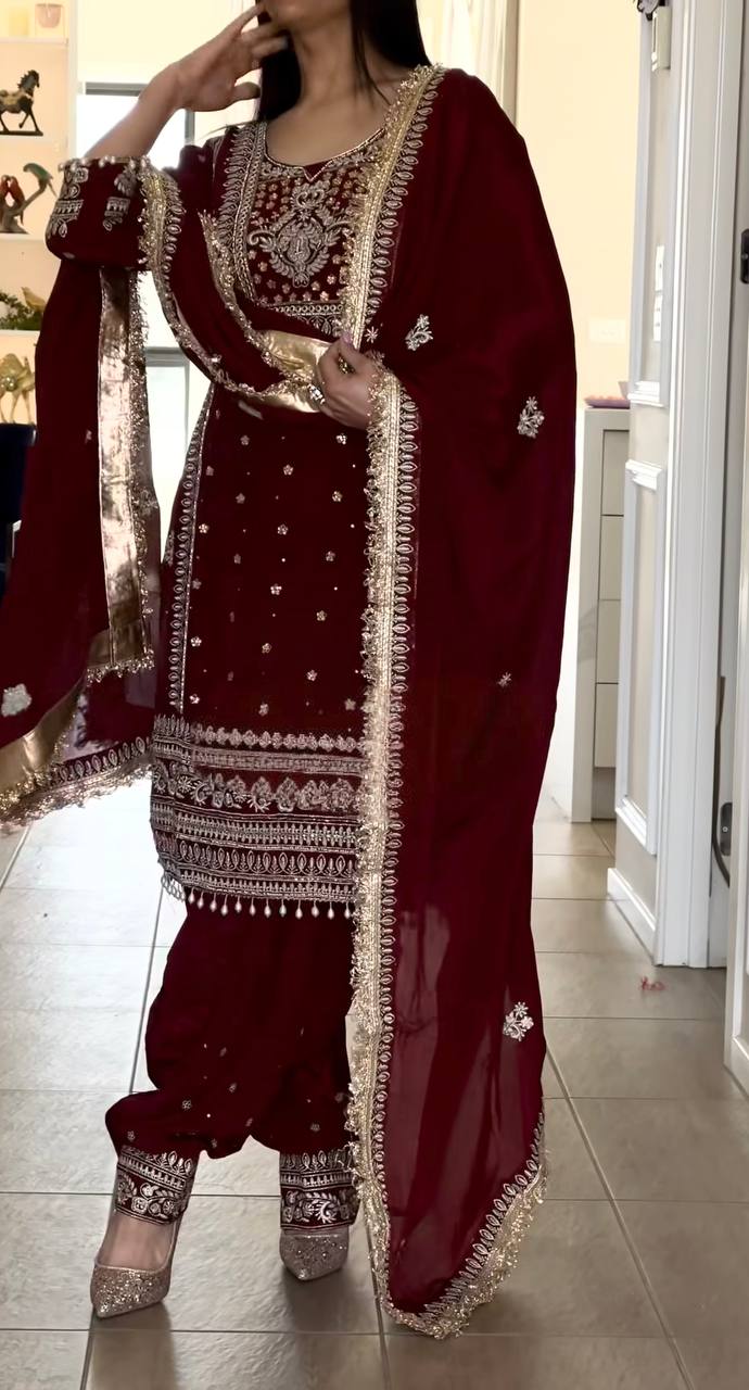 Deep Crimson Pearl-Trimmed Suit